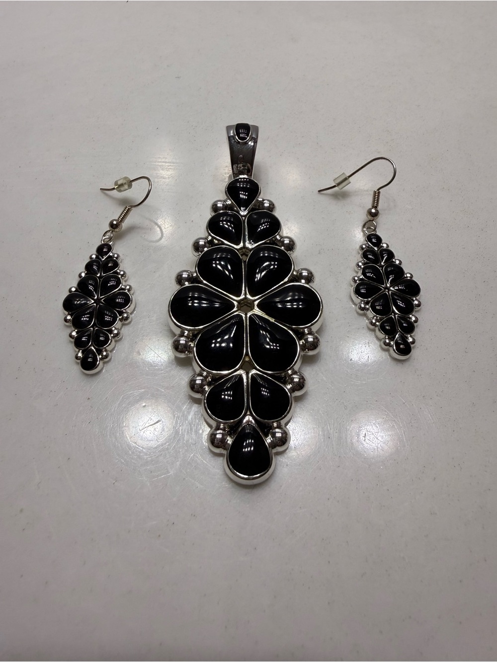 Black Onyx Floral Teardrop Pendant & Earrings Set - Women Jewelry